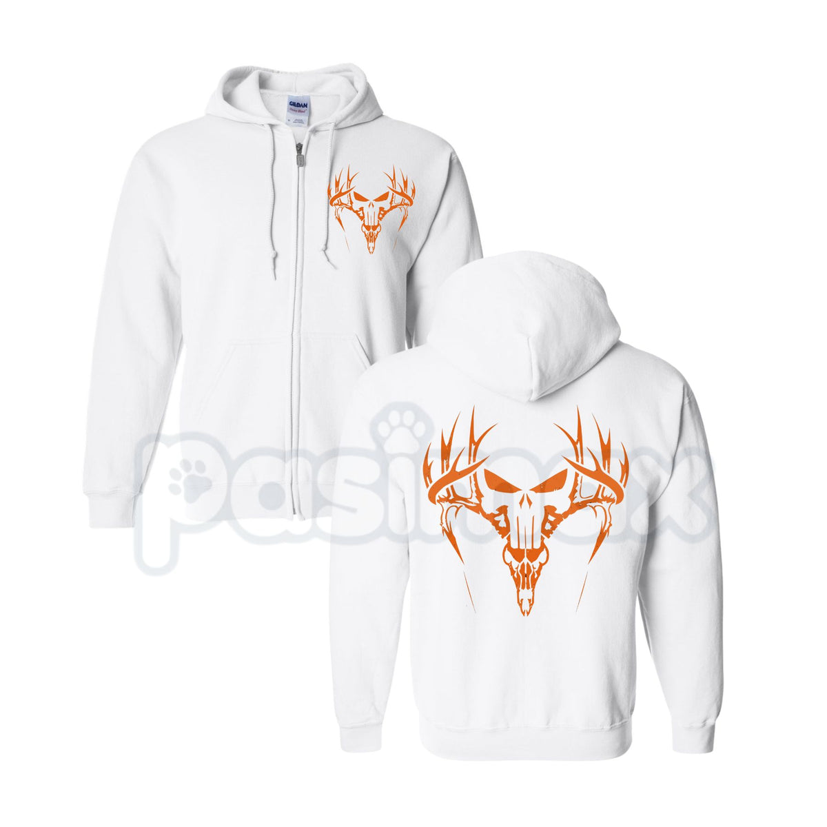 Orange Deer Antler Skull Hunting Graphic Zip-Up Hoodie – Blaze Orange Outdoorsman Outerwear, Wildlife Camo Style Sweatshirt