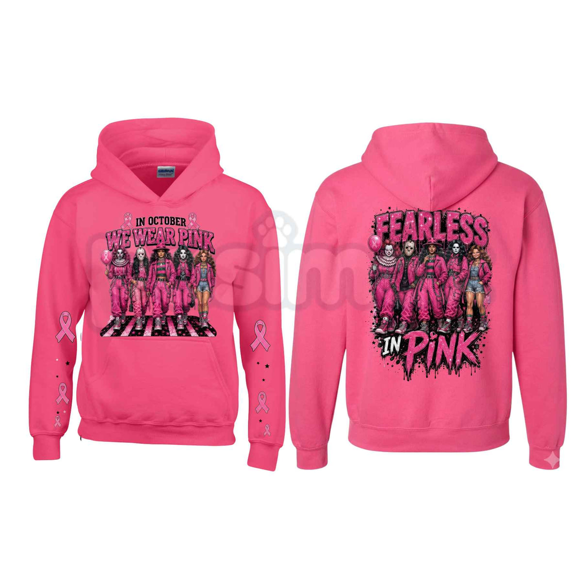 Heliconia Horror October Hoodie – In October We Wear Pink Scary Movie Character Pumpkin Bat Graphic Pullover, Halloween Breast Cancer Awareness Sweatshirt