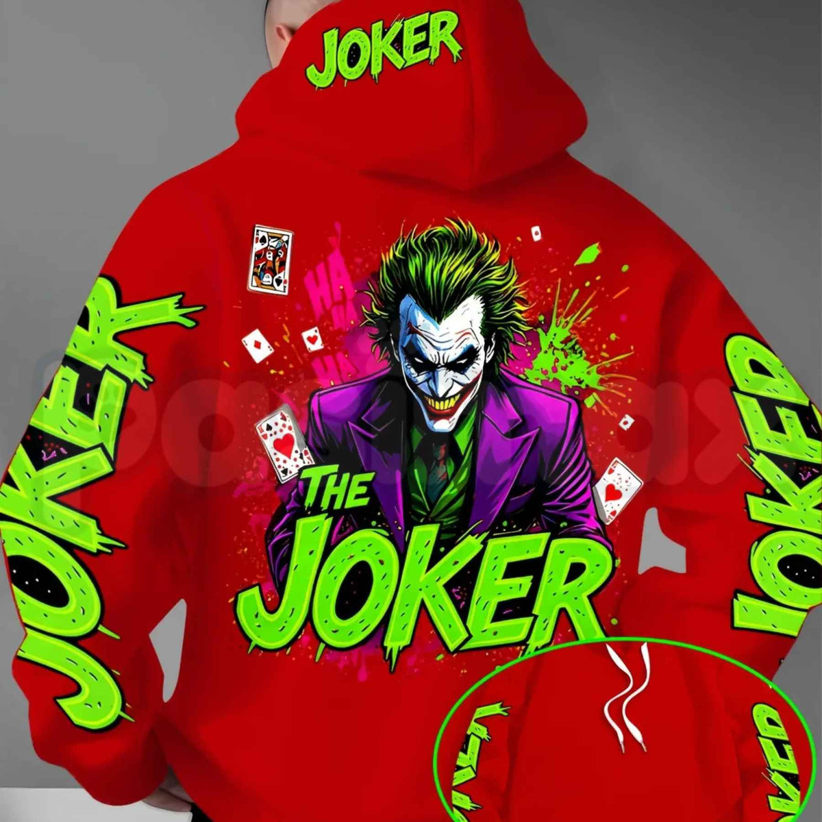 Men's Fluorescent Joker Print Hoodie – Neon Villain Graphic Pullover, Edgy Streetwear Cyberpunk Sweatshirt, Spooky Dark Comedy Gift