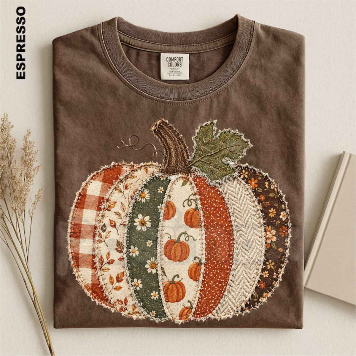 Comfort Colors® Faux Patchwork Fall Pumpkin T-Shirt – Checkered Autumn Thanksgiving Graphic Crewneck, Cute Holiday Top & Gift