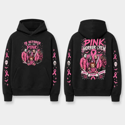 Unisex Pink Breast Cancer Awareness Horror Print Hoodie – Scary Movie Character Graphic Pullover, Halloween Pink Ribbon Support Sweatshirt