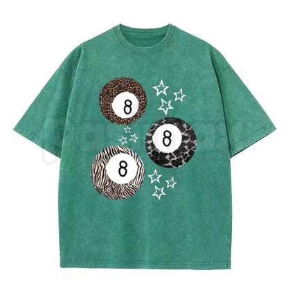 8 Ball Leopard and Stars Print T-Shirt – Retro Y2K Graphic Tee, Vintage Acid Washed Soft Breathable Cotton Unisex Streetwear Top-Pasimax