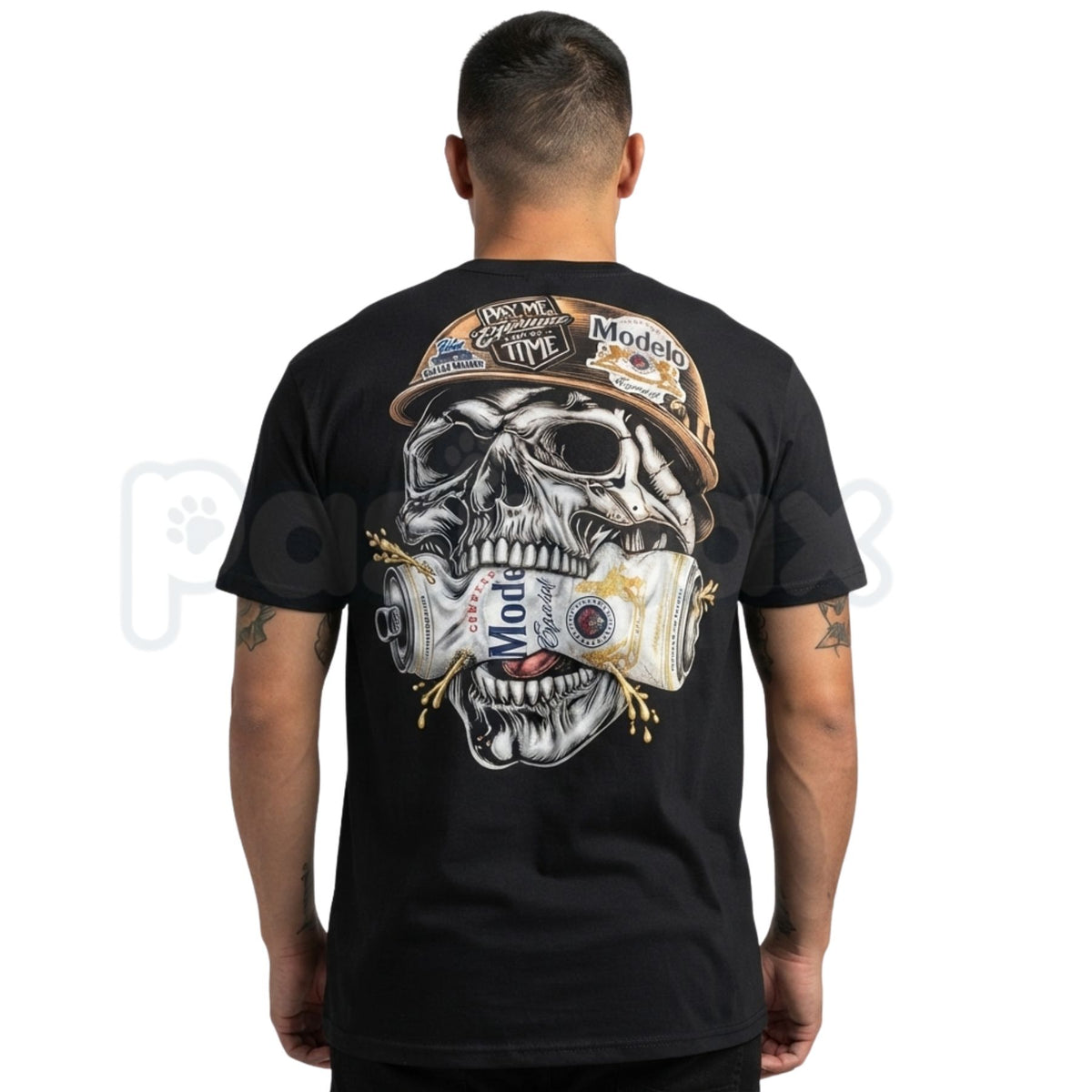 Skull Hard Hat Beer Can Back Print T-Shirt – Blue Collar Biker Graphic Tee