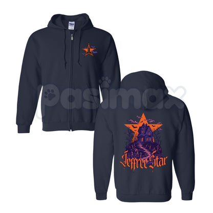 Haunted Manor Zip-Up Hoodie – Spooky Gothic Graphic Sweatshirt, Halloween Dark Cottagecore Outerwear for Men & Women