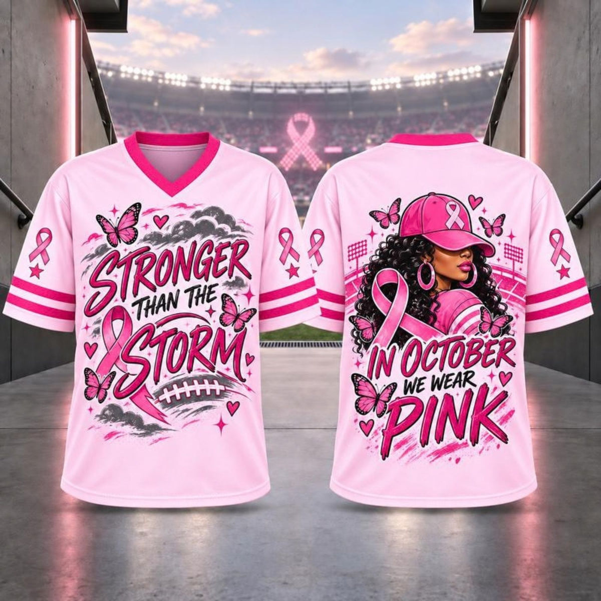 Pink Ribbon Breast Cancer Awareness V-Neck Football T-Shirt – Hope & Support Athletic Graphic Tee