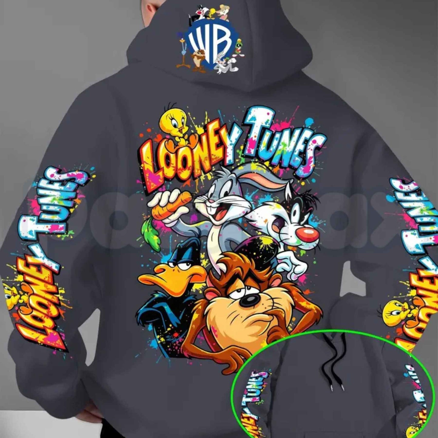 Men's Looney Tunes Back Print Hoodie – Vintage Cartoon Character Graphic Pullover, Retro Streetwear Long Sleeve Sweatshirt