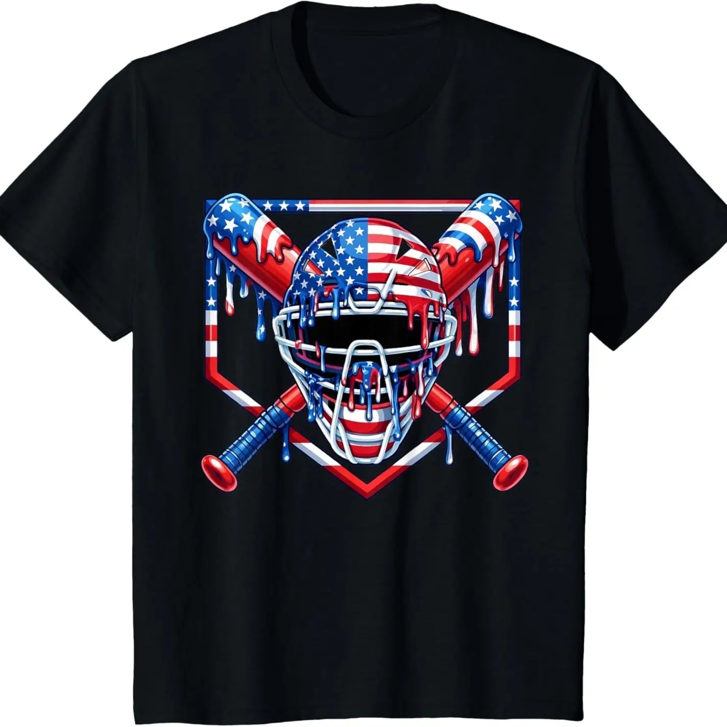 Baseball Drip Patriotic Ice Cream US Flag T-Shirt – Funny 4th of July Sports Graphic Tee