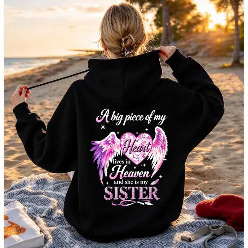 A Big Piece Of My Heart Lives In Heaven Memorial Back Print Hoodie – In Loving Memory Graphic Pullover, Angel Wing Remembrance Sweatshirt, Unisex Heavy Blend