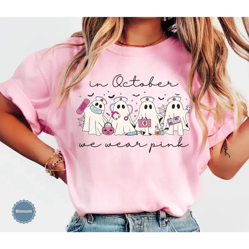 Comfort Colors® In October We Wear Pink Ghost Nurse T-Shirt – Oncology Nurse Halloween Graphic Tee, Pink Ribbon Breast Cancer Awareness Unisex Top & Gift