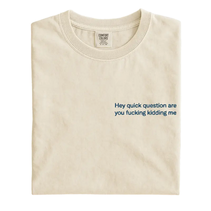 "Hey Quick Question Are You Kidding Me" Embroidered Comfort Colors T-Shirt – Funny Sarcastic Tee