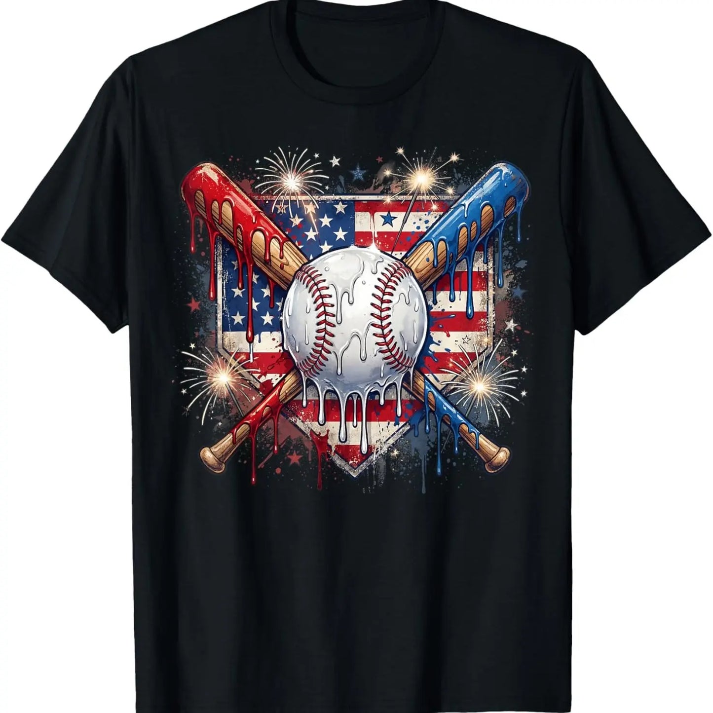 Baseball Drip Patriotic Ice Cream US Flag T-Shirt – Funny 4th of July Sports Graphic Tee