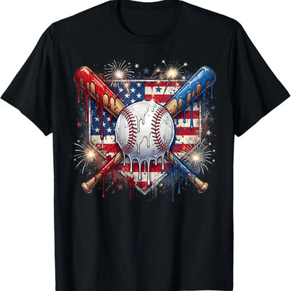 Baseball Drip Patriotic Ice Cream US Flag T-Shirt – Funny 4th of July Sports Graphic Tee