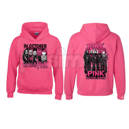 Heliconia Horror October Hoodie – In October We Wear Pink Scary Movie Character Pumpkin Bat Graphic Pullover, Halloween Breast Cancer Awareness Sweatshirt