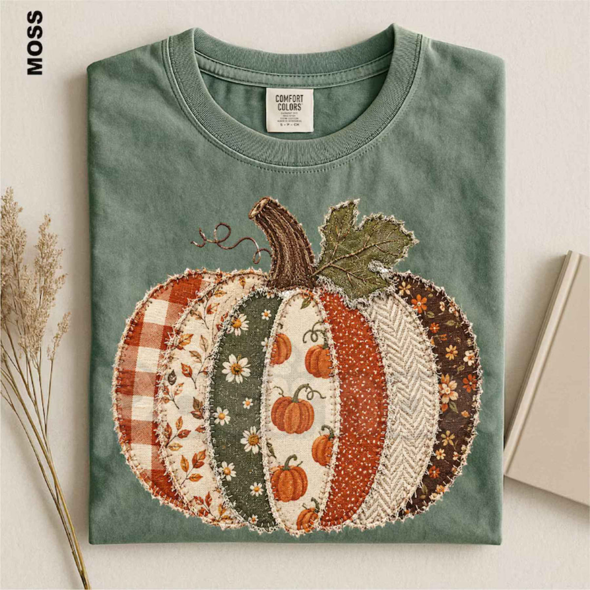 Comfort Colors® Faux Patchwork Fall Pumpkin T-Shirt – Checkered Autumn Thanksgiving Graphic Crewneck, Cute Holiday Top & Gift