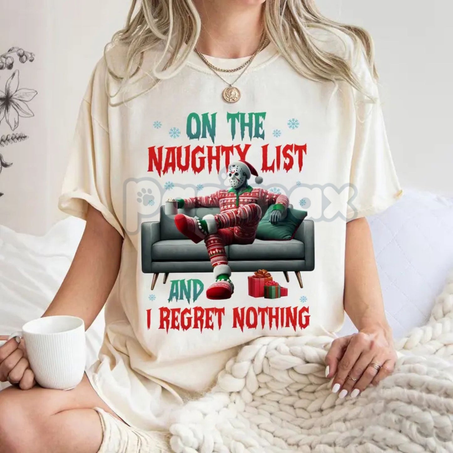 "On The Naughty List And I Regret Nothing" Christmas Shirt - Christmas Halloween Characters Tee, Team Naughty
