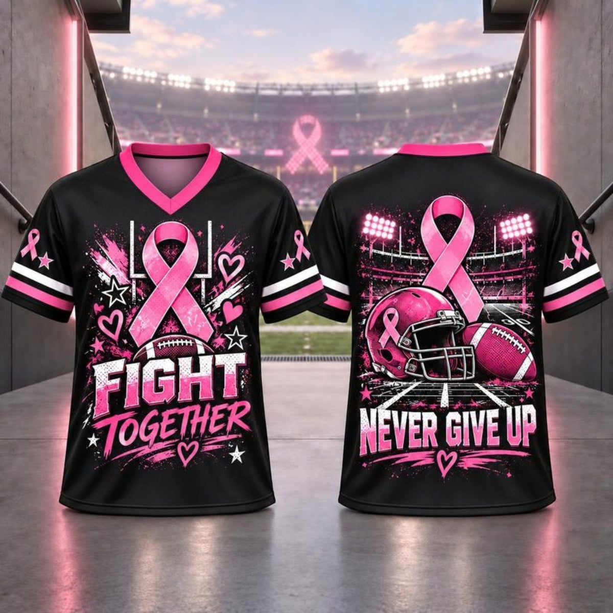 Pink Ribbon Breast Cancer Awareness V-Neck Football T-Shirt – Hope & Support Athletic Graphic Tee