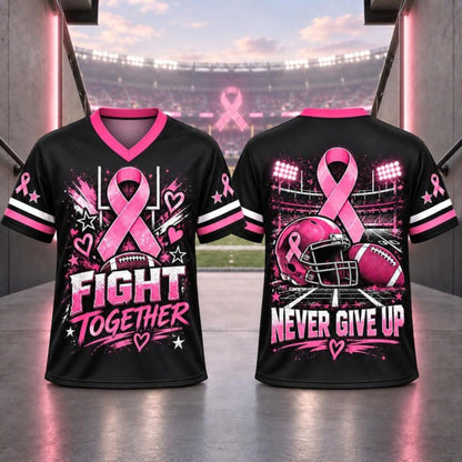 Pink Ribbon Breast Cancer Awareness V-Neck Football T-Shirt – Hope & Support Athletic Graphic Tee