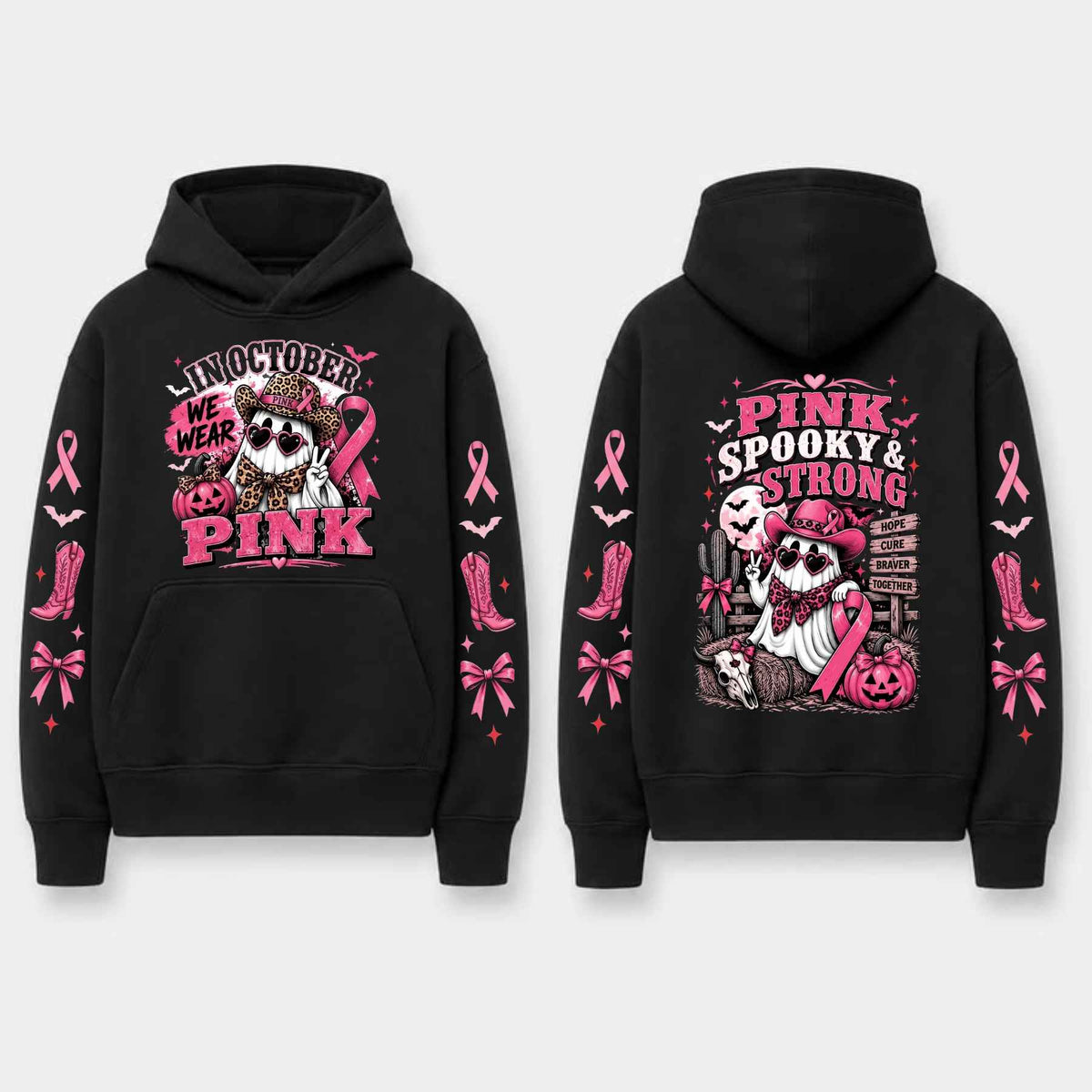 Unisex Pink Breast Cancer Awareness Horror Print Hoodie – Scary Movie Character Graphic Pullover, Halloween Pink Ribbon Support Sweatshirt