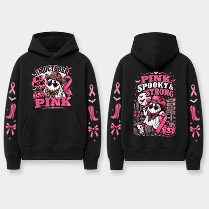 Unisex Pink Breast Cancer Awareness Horror Print Hoodie – Scary Movie Character Graphic Pullover, Halloween Pink Ribbon Support Sweatshirt