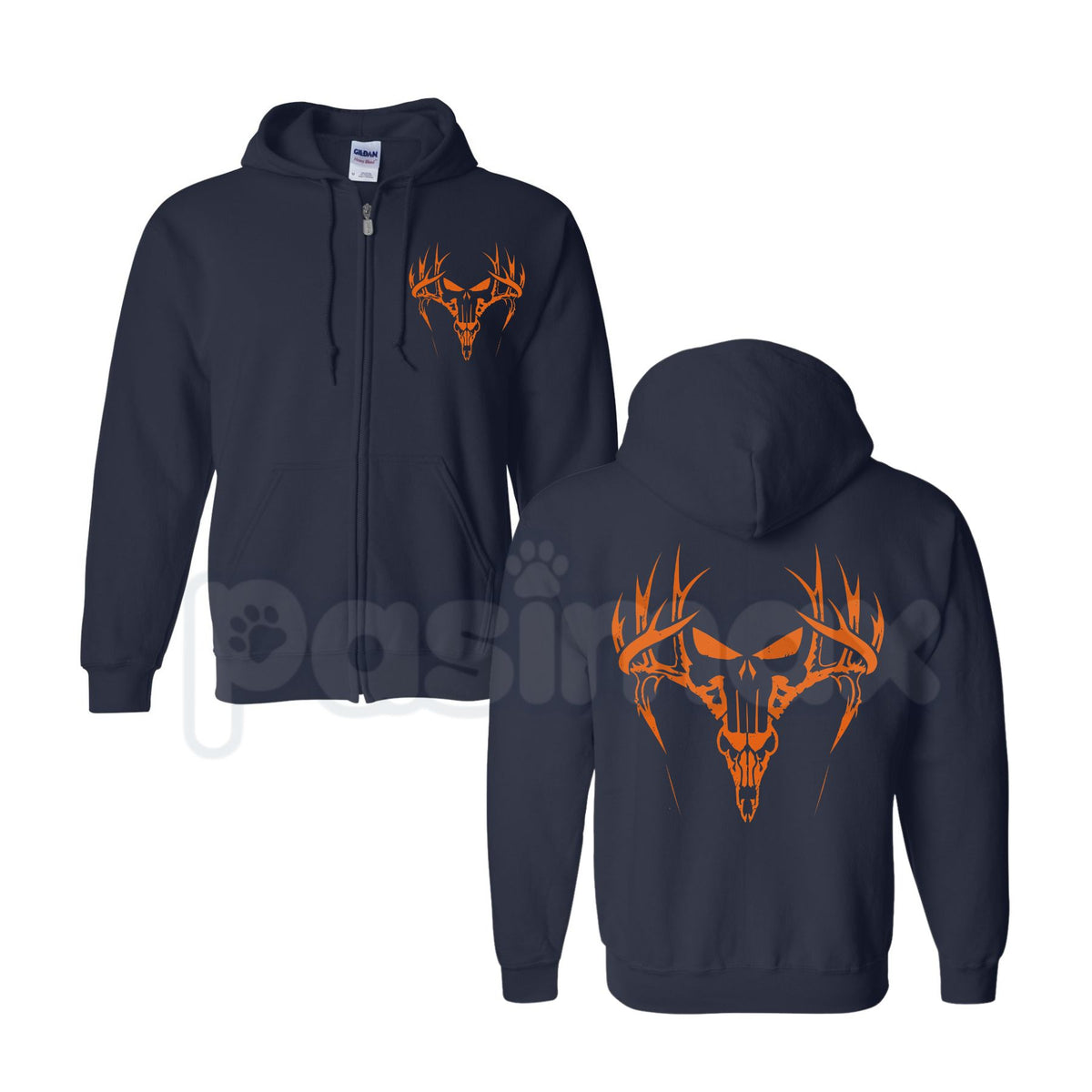 Orange Deer Antler Skull Hunting Graphic Zip-Up Hoodie – Blaze Orange Outdoorsman Outerwear, Wildlife Camo Style Sweatshirt