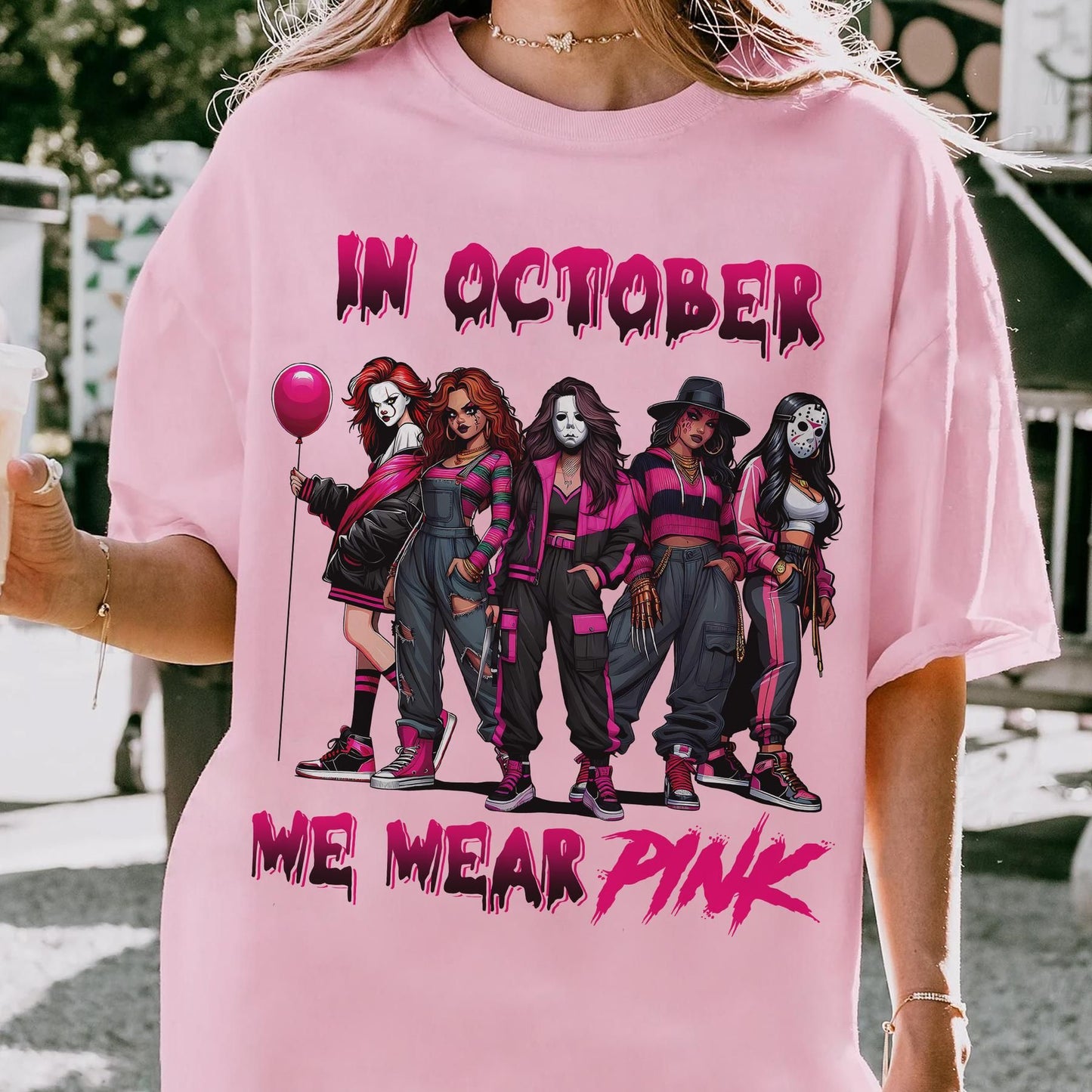 "In October We Wear Pink" Horror T-Shirt - Halloween Breast Cancer Awareness Tee, Cancer Survivor Support Squad Shirt