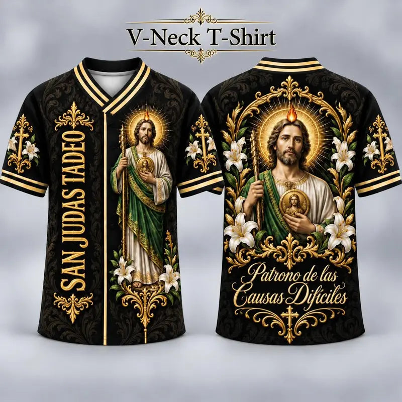 (Pre Order) San Judas Tadeo V-Neck T-Shirt & Baseball Jersey – Religious St. Jude Thaddeus Faith Shirt
