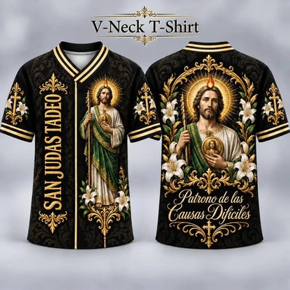 (Pre Order) San Judas Tadeo V-Neck T-Shirt & Baseball Jersey – Religious St. Jude Thaddeus Faith Shirt