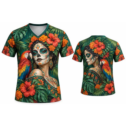 Lady's Mexican Día de los Muertos Skull La Catrina V-Neck Shirt – Day of the Dead Heritage Graphic Tee