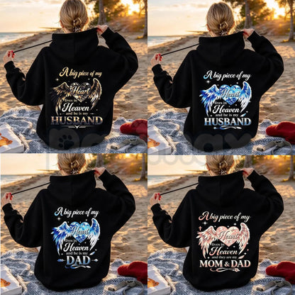 A Big Piece Of My Heart Lives In Heaven Memorial Back Print Hoodie – In Loving Memory Graphic Pullover, Angel Wing Remembrance Sweatshirt, Unisex Heavy Blend-Pasimax