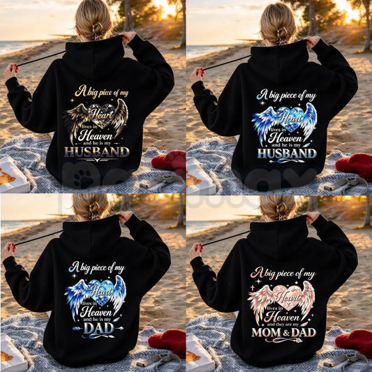 A Big Piece Of My Heart Lives In Heaven Memorial Back Print Hoodie – In Loving Memory Graphic Pullover, Angel Wing Remembrance Sweatshirt, Unisex Heavy Blend-Pasimax