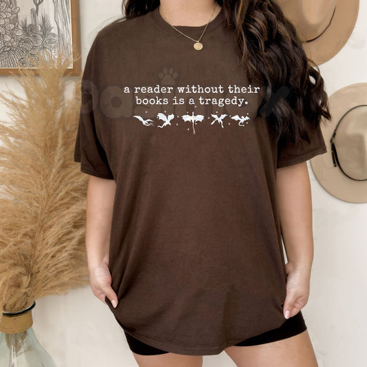 "A Reader Without Their Books Is Tragedy" T-Shirt – Premium 100% Cotton Bibliophile Graphic Tee, Literary Quote Book Lover Top, Soft Lived-In Heavyweight Dark Academia Apparel, Made in USA-Pasimax