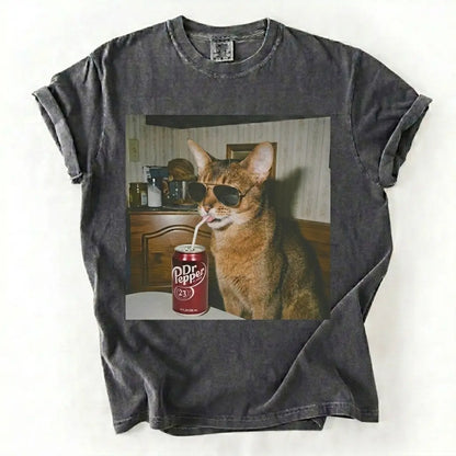 Comfort Colors® Vintage Cat Breeds Drinking Soda T-Shirt – Retro 90s Funny Edgy Cat Meme Graphic Tee, Aesthetic Quirky Animal Lover Unisex Top