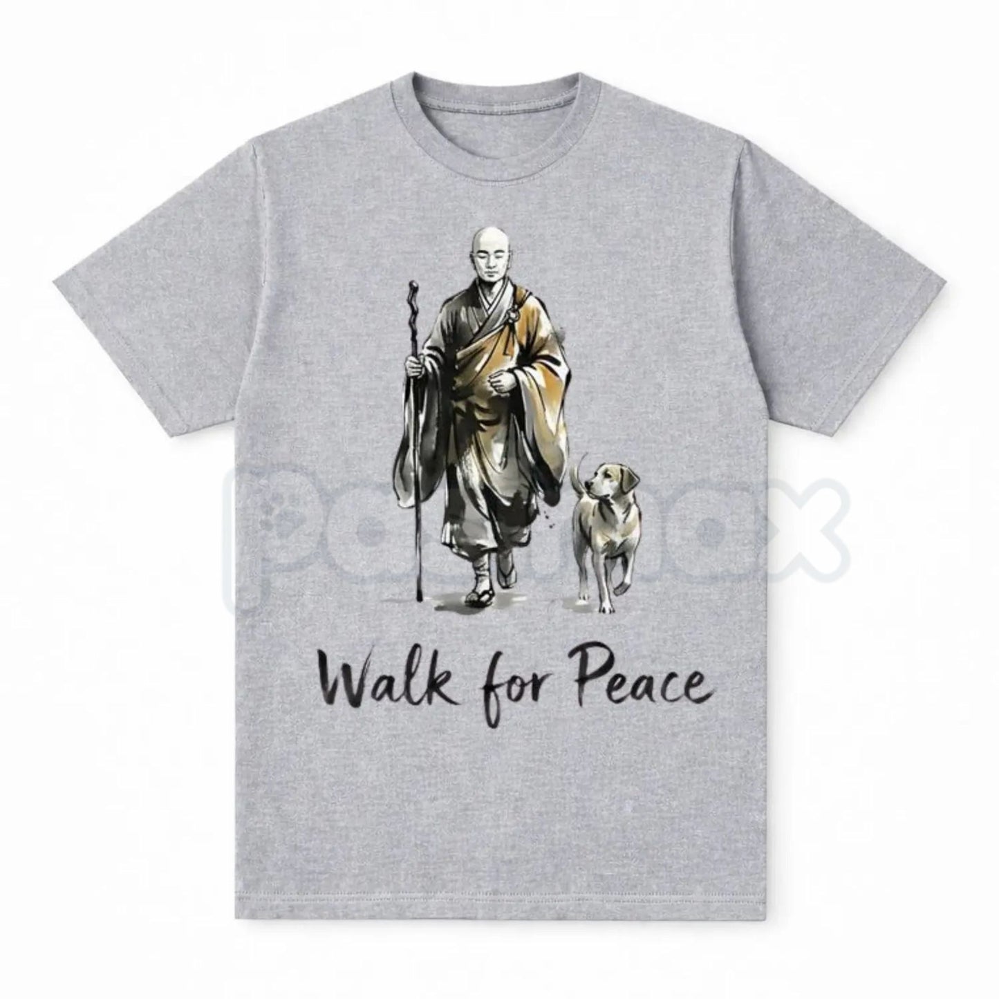 Aesthetic "Walk for Peace" Zen T-Shirt - Minimalist Monk and Dog Graphic Tee, Mindfulness Meditation Apparel, Spiritual Peace Pilgrimage Shirt, Zen Buddhism Inspired Streetwear-Pasimax