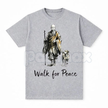 Aesthetic "Walk for Peace" Zen T-Shirt - Minimalist Monk and Dog Graphic Tee, Mindfulness Meditation Apparel, Spiritual Peace Pilgrimage Shirt, Zen Buddhism Inspired Streetwear-Pasimax