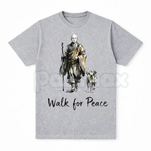 Aesthetic "Walk for Peace" Zen T-Shirt - Minimalist Monk and Dog Graphic Tee, Mindfulness Meditation Apparel, Spiritual Peace Pilgrimage Shirt, Zen Buddhism Inspired Streetwear-Pasimax