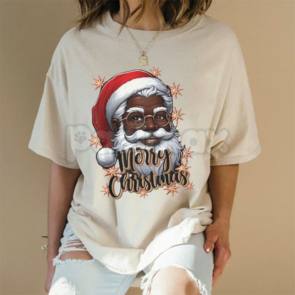African American Santa Christmas Pajama T-Shirt - Black X-Mas Holiday Apparel, Inclusion Festive Tee, Unisex Family Photo Top-Pasimax