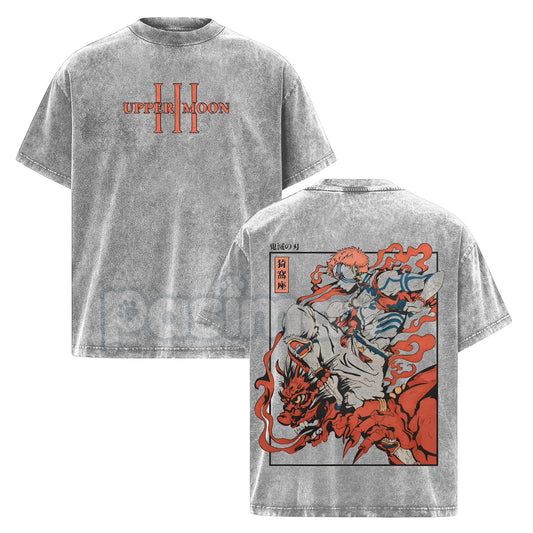 Akaza Upper Moon 3 T-Shirt – Demon Slayer Infinity Castle Arc Graphic Tee, Vintage Washed Oversized Anime Shirt-Pasimax