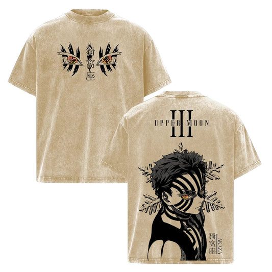 Akaza Upper Rank 3 Graphic Tee – Vintage Washed Oversized Shirt, Demon Slayer Villain Tee-Pasimax