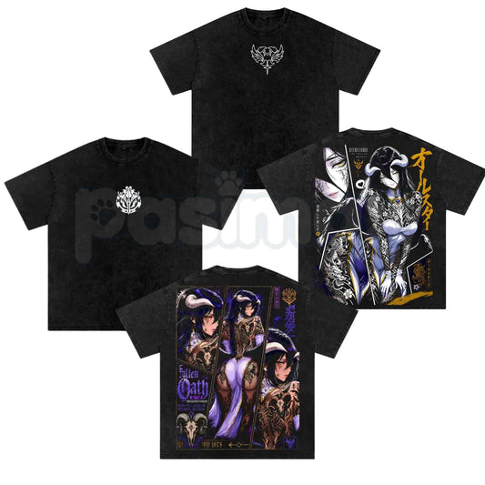 Albedo Succubus Anime T-Shirt – Retro Overlord Graphic Tee, Vintage Washed Dark Fantasy Lightweight Cotton Unisex Manga Top-Pasimax