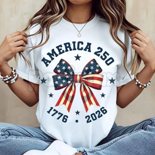 America 250 "Stars and Stripes" Bow T-Shirt – 2026 Semiquincentennial Graphic Tee, Premium 100% Cotton Patriotic Coquette Top, Soft Lived-In Heavyweight USA 250th Anniversary Shirt, Made in USA-Pasimax