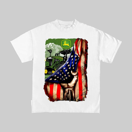 American Farm Pride T-Shirt - John Deere Tractor & US Flag Graphic, Outfit for Farmers-Pasimax