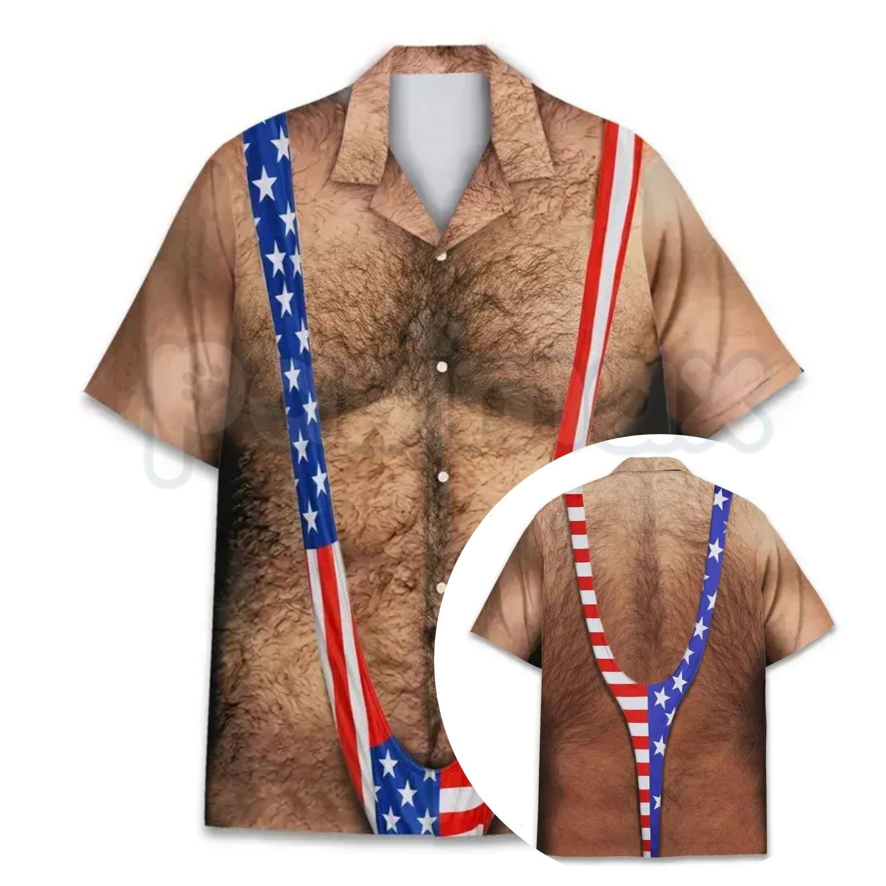 American Flag Funny Hawaiian Shirt – Patriotic Chest Hair Illusion Aloha Shirt for Men, 4th of July Button Up-Pasimax
