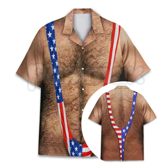 American Flag Funny Hawaiian Shirt – Patriotic Chest Hair Illusion Aloha Shirt for Men, 4th of July Button Up-Pasimax