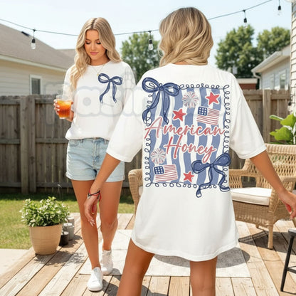 "American Honey" Coquette 4th Of July T-Shirt – Girly Vintage USA Graphic Tee, Premium 100% Cotton Independence Day Top, Soft Lived-In Heavyweight Retro Merica Shirt, Made in USA-Pasimax