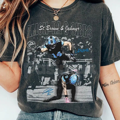 Amon-Ra St. Brown & Jahmyr Gibbs Detroit Football Shirt – Casual Streetwear Style, Vintage Fan Tee-Pasimax