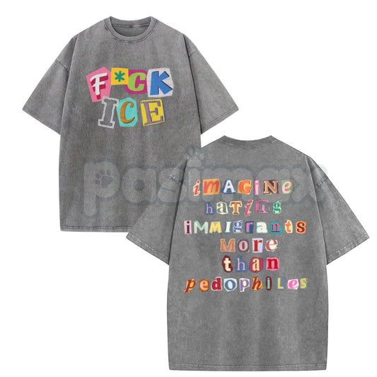 Anti ICE Magazine Letters Vintage Washed T-Shirt – Human Rights Activist Graphic Tee, Lightweight Retro Cotton Streetwear-Pasimax