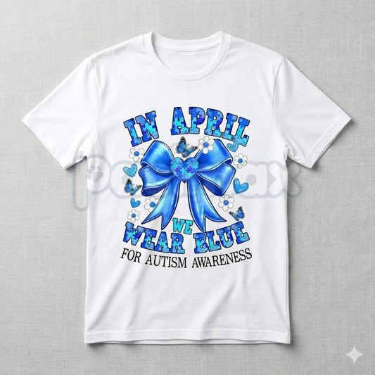 "April We Wear Blue" Autism Awareness T-Shirt – Coquette Bow Puzzle Piece Graphic Tee, Premium 100% Cotton Neurodiversity Top, Soft Lived-In Heavyweight Acceptance Month Shirt, Made in USA-Pasimax