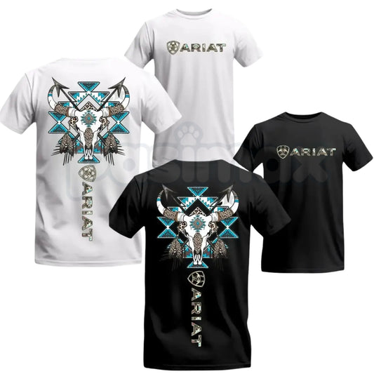 Ariat Tribal Skull T-Shirt – Western Bull Skull & Feathers Graphic, Premium 100% Cotton Blue Aztec Pattern Top, Soft Lived-In Heavyweight Southwestern Ranch Shirt, Made in USA-Pasimax