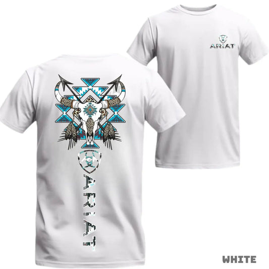 Ariat Western Bull Skull T-Shirt - Tribal Graphic with Turquoise Accents, Rodeo Style Gift Tee-Pasimax