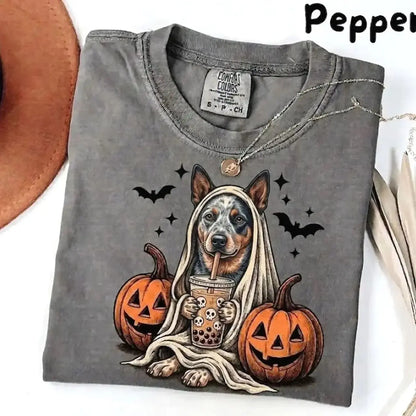 Comfort Colors® Pepper Dog Ghost & Boba Tea Halloween T-Shirt – Custom Dog Breeds Spooky Season Graphic Tee, Vintage Pet Lover Unisex Top